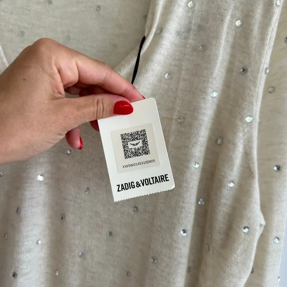 Zadig & Voltaire Elya Strass Embellished Cashmere Pullover Sweater Cream L NWT - Picture 9 of 10